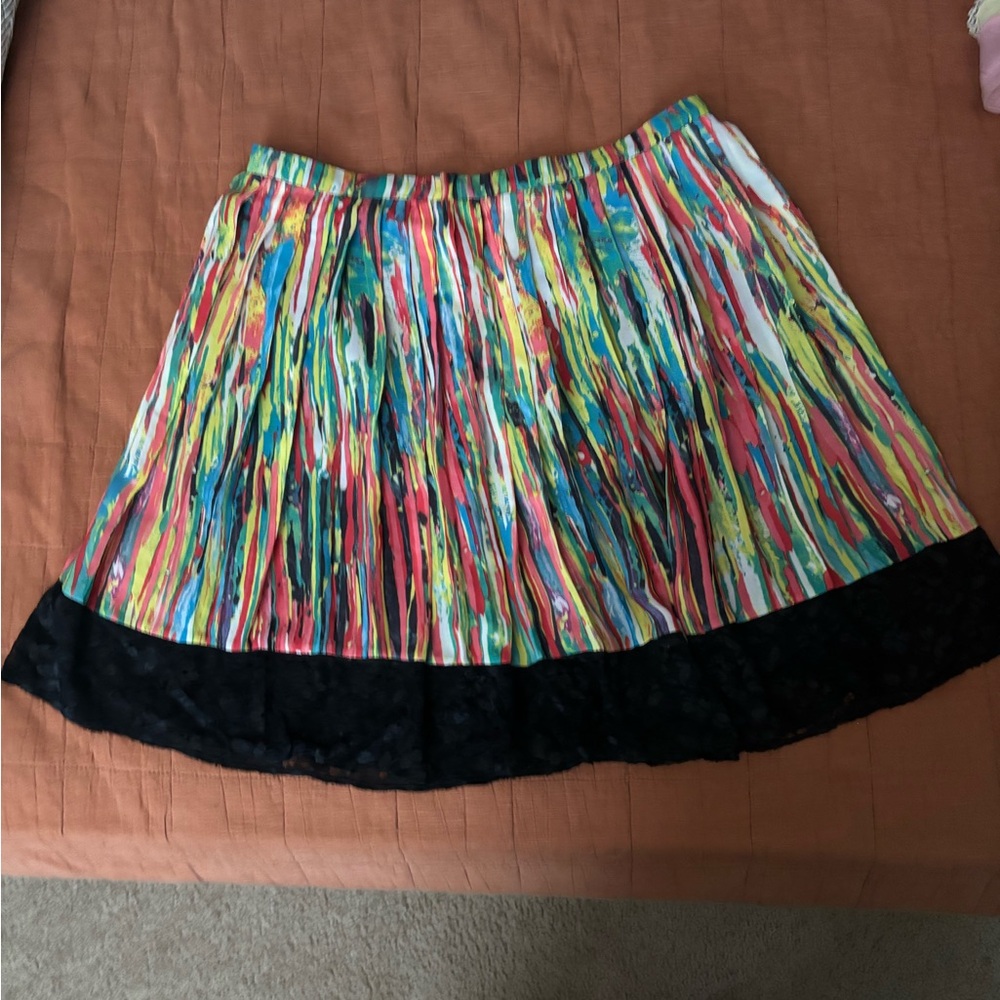 Colorful Striped Pleated Skirt with Black Lace Hem